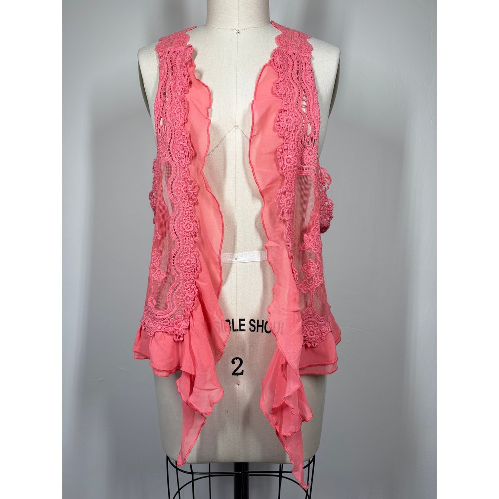 Umgee Sheer Lace Crochet Ruffle Vest S/M Pink Boho Festival Romantic Fairycore